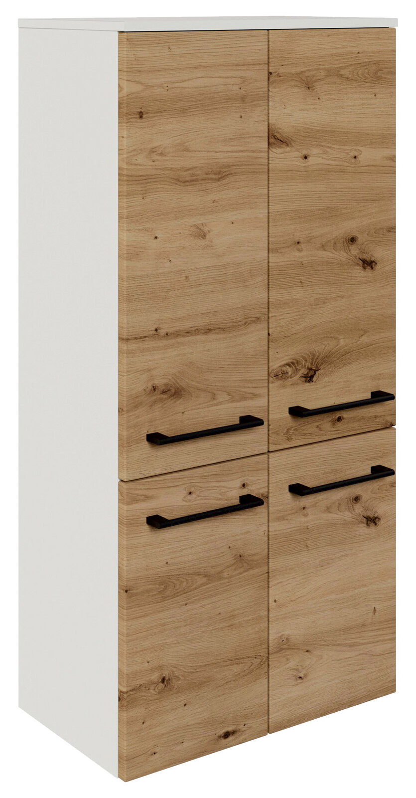 Midischrank 60,2 cm in Holzoptik mit schwarzen Griffen, seitliche Perspektive