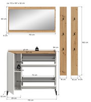 Maßbild eines weißen Flurmöbel-Sets: Wandspiegel mit Holzrahmen (110×60 cm), Schuhschrank mit Klappe und Fächern (110 cm breit) sowie Garderobenpaneel aus Holz (160×16 cm) mit Haken; Ansicht von vorn, ergänzt um Seitenansichten des Paneels.
