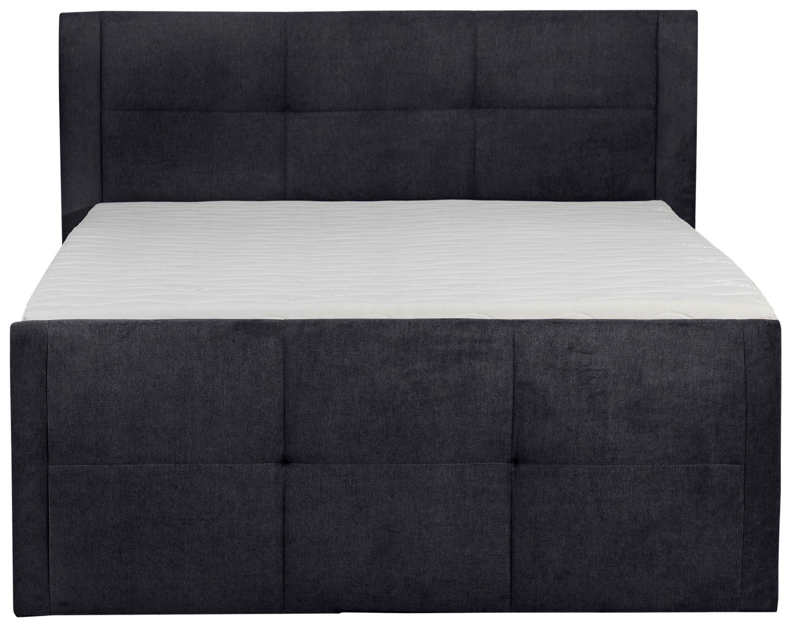 Frontale Ansicht eines modernen Boxspringbetts in Dunkelgrau mit gepolstertem Kopfteil.