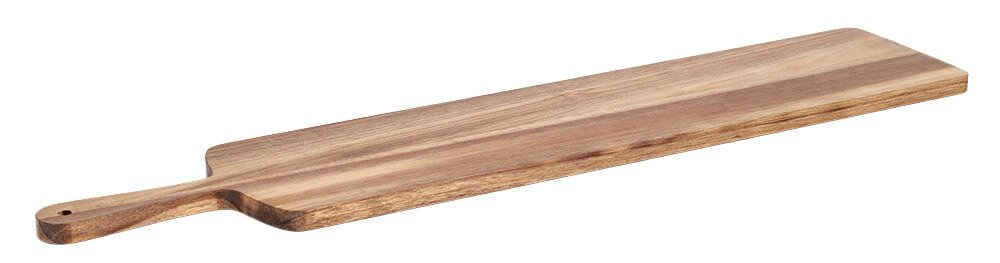 Langes Servierbrett aus Akazienholz mit Griff, seitliche Perspektive