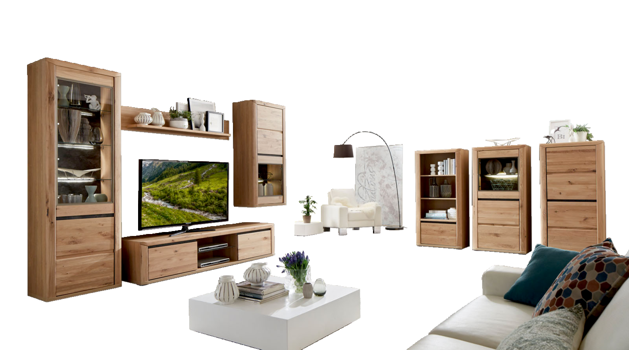 Moderne Wohnzimmer-Wandkombination aus Holz mit TV-Schrank, Vitrinen und Regalen, seitliche Perspektive