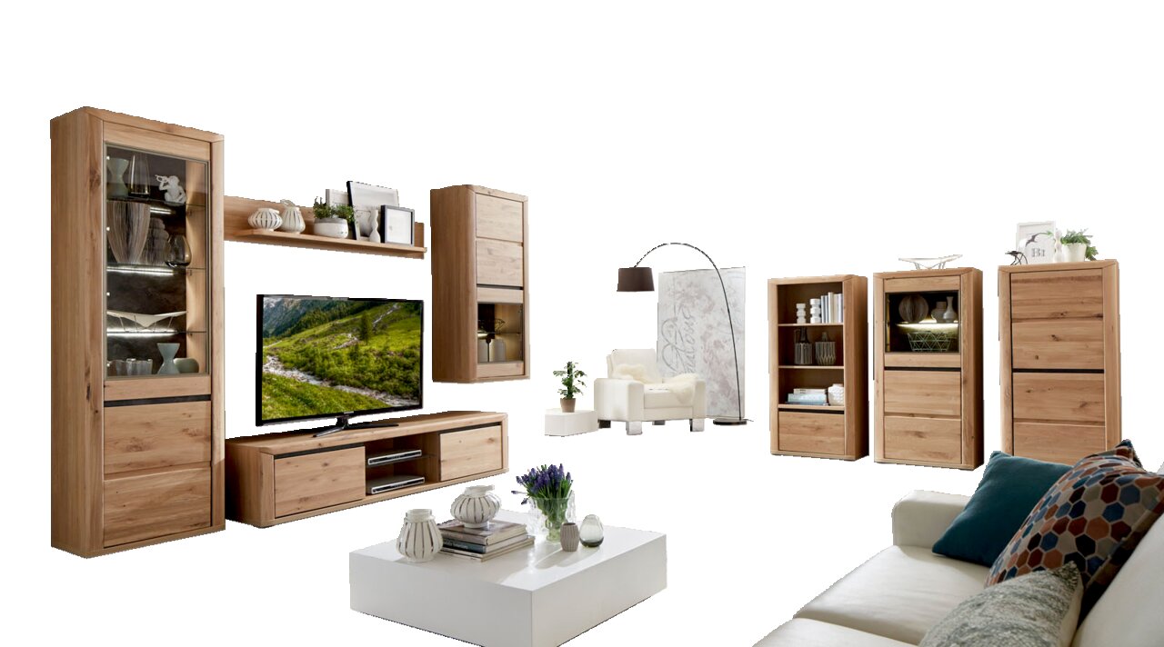 Moderne Wohnzimmer-Wandkombination aus Holz mit TV-Schrank, Vitrinen und Regalen, seitliche Perspektive
