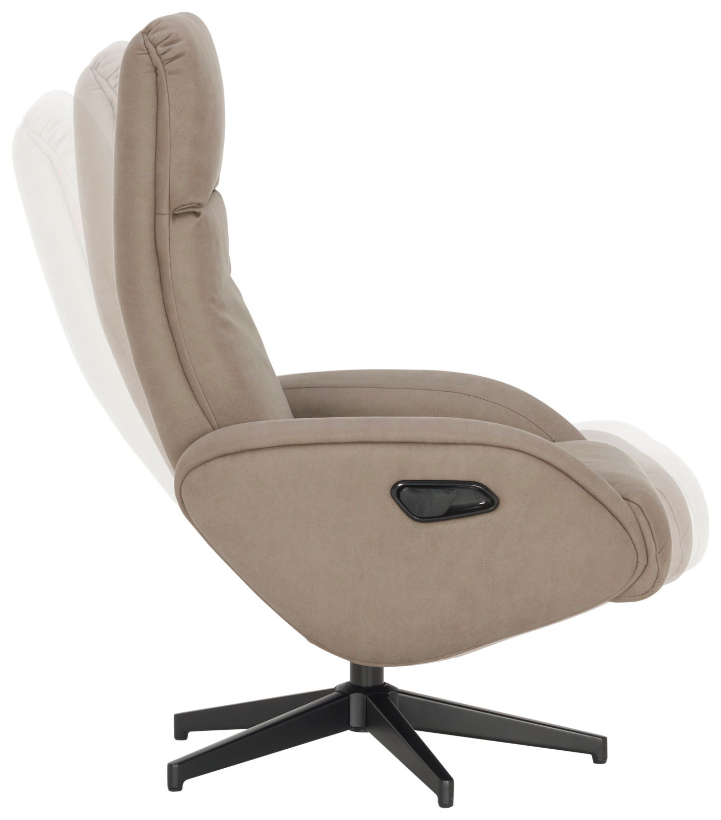 Seitenansicht eines beigen Relaxsessels mit Hocker, Modell MAYA, auf einem schwarzen Drehfuß.