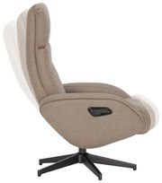Seitenansicht eines beigen Relaxsessels mit Hocker, Modell MAYA, auf einem schwarzen Drehfuß.