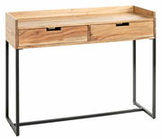 Holzkonsole mit zwei Schubladen und Metallgestell, seitliche Perspektive