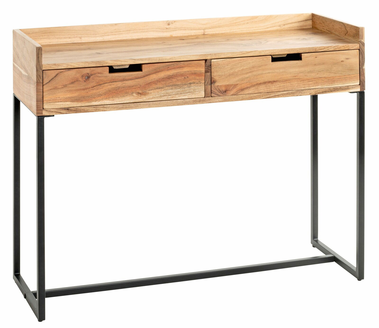 Holzkonsole mit zwei Schubladen und Metallgestell, seitliche Perspektive