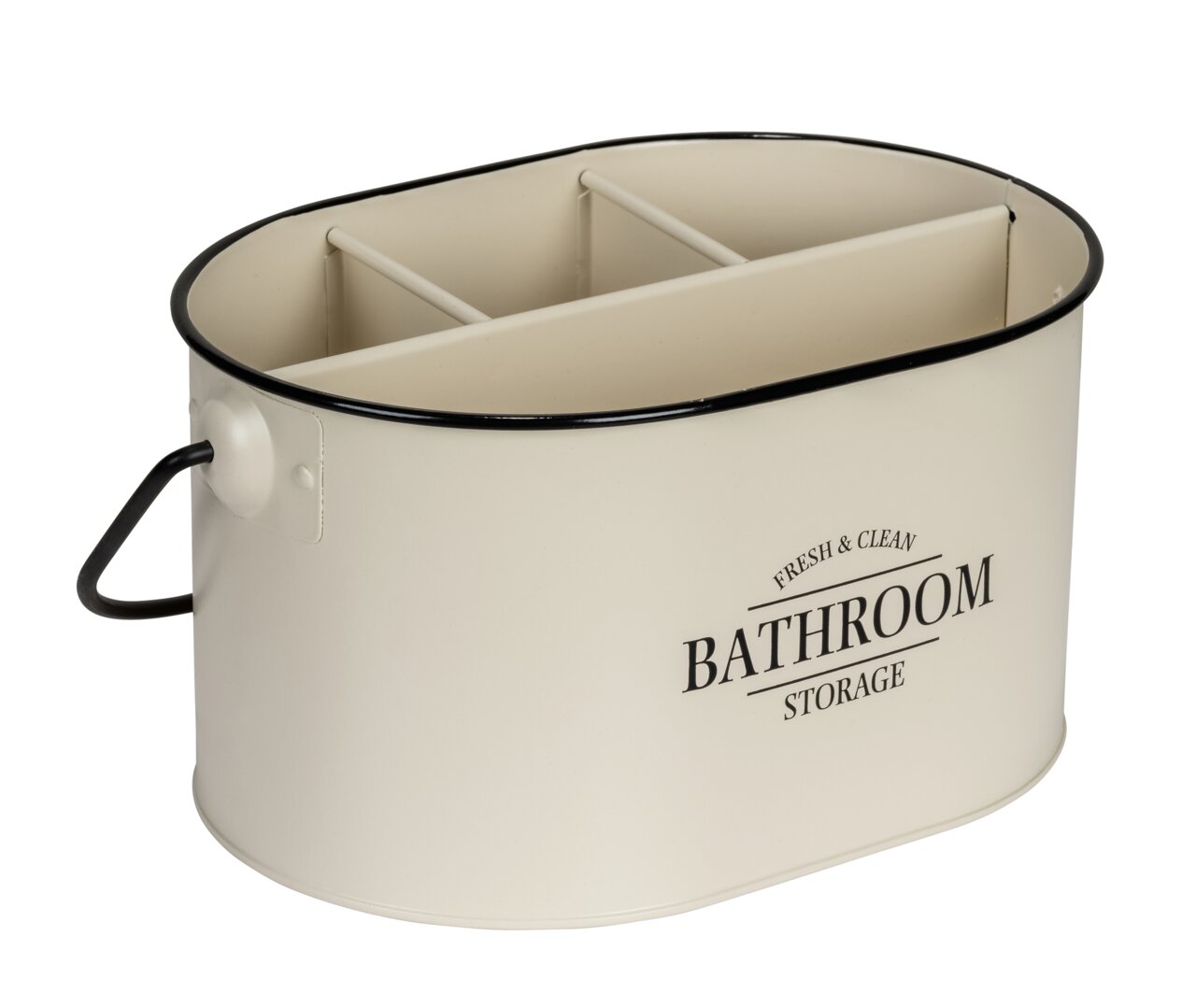 Ovale Badbox mit Griff, cremefarben, mit der Aufschrift 'Fresh & Clean Bathroom Storage', seitliche Perspektive.