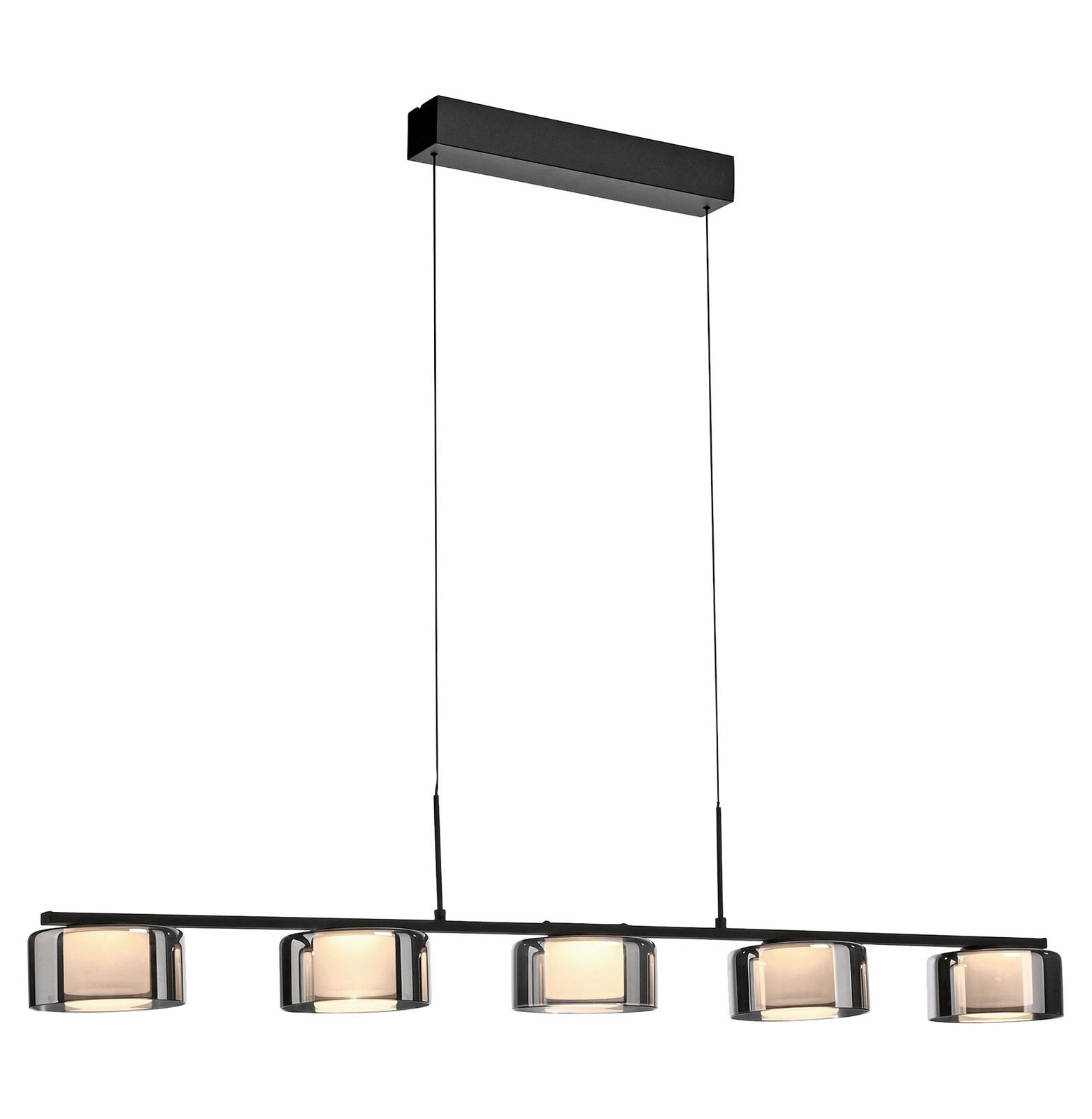 Moderne Pendelleuchte RIKA mit fünf zylindrischen Lampenschirmen in einer Reihe, seitliche Perspektive