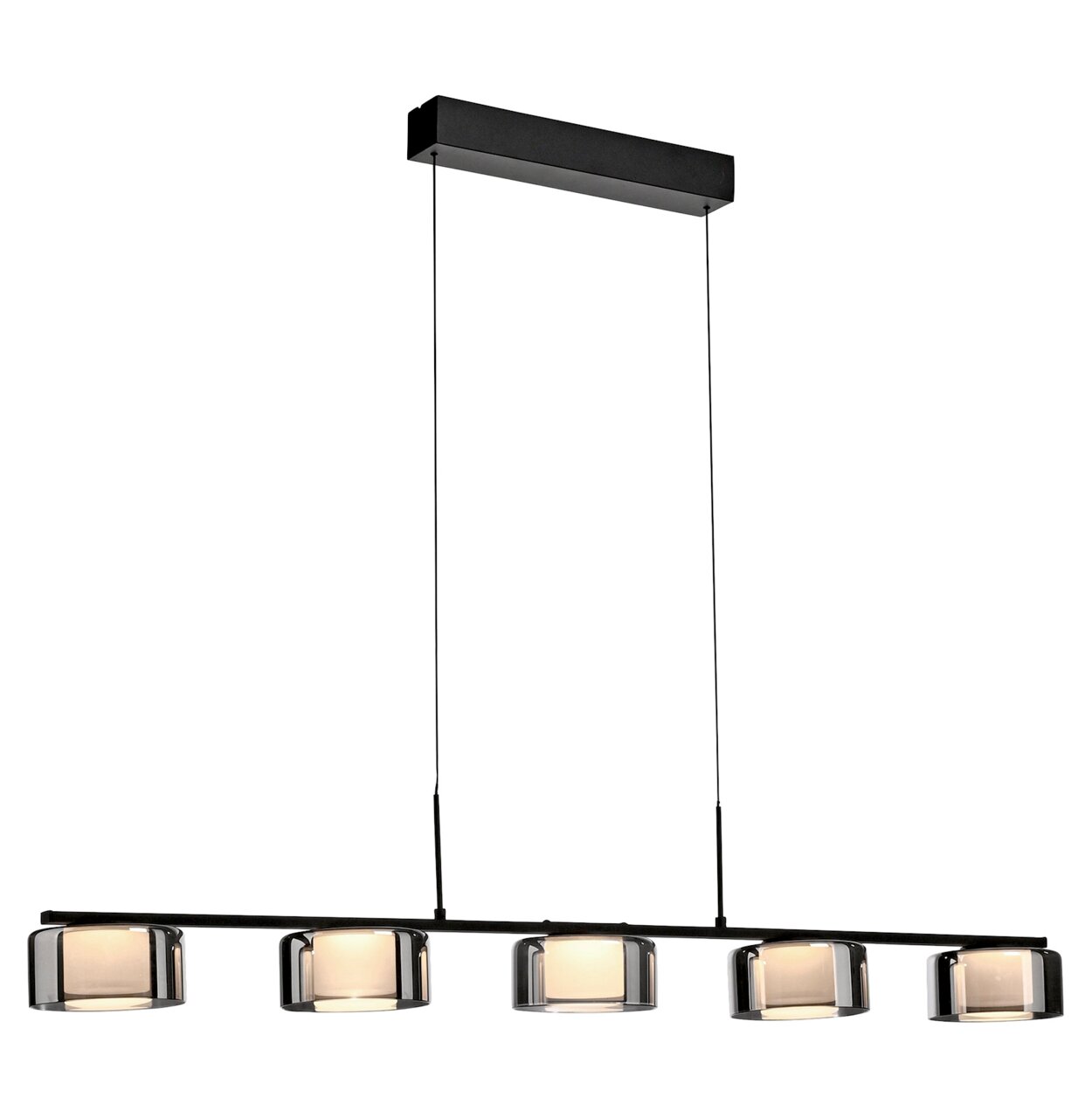 Paul Neuhaus Pendelleuchte RIKA Moderne Pendelleuchte RIKA mit fünf zylindrischen Lampenschirmen in einer Reihe, seitliche Perspektive