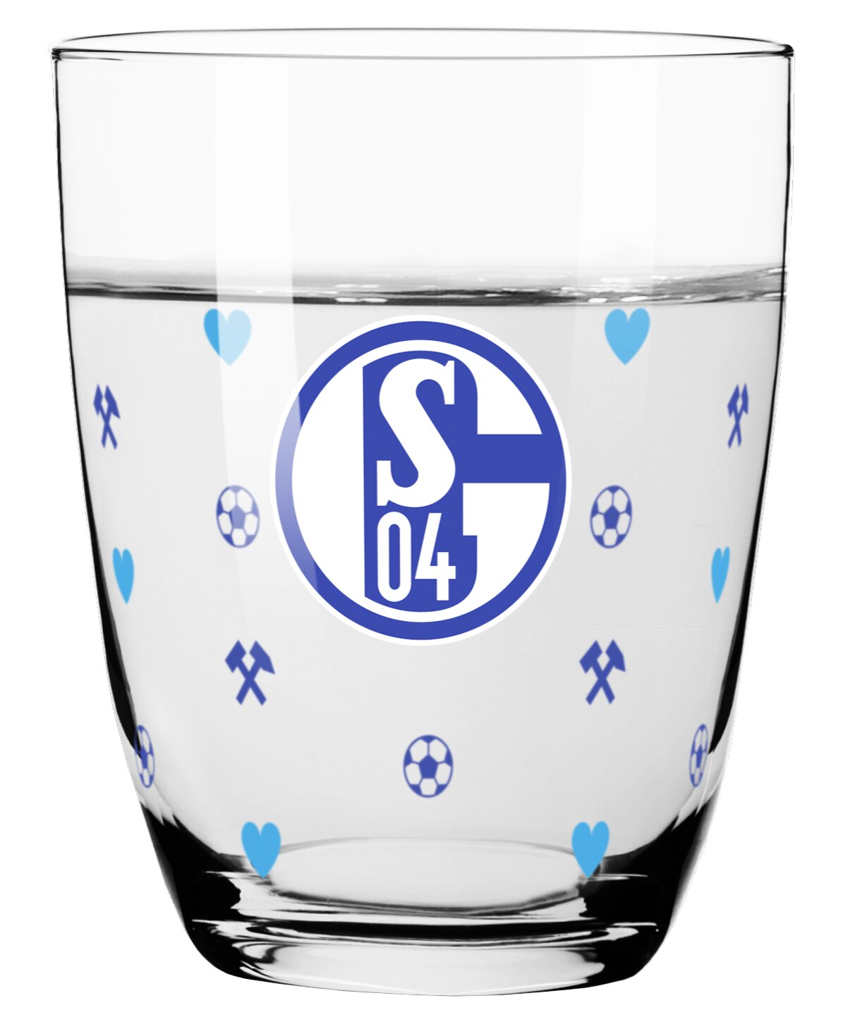 Transparentes Trinkglas mit blauem FC-Schalke-04-Logo sowie Fußball-, Herz- und Schlägel-und-Eisen-Motiven, frontal aus leichter Draufsicht dargestellt