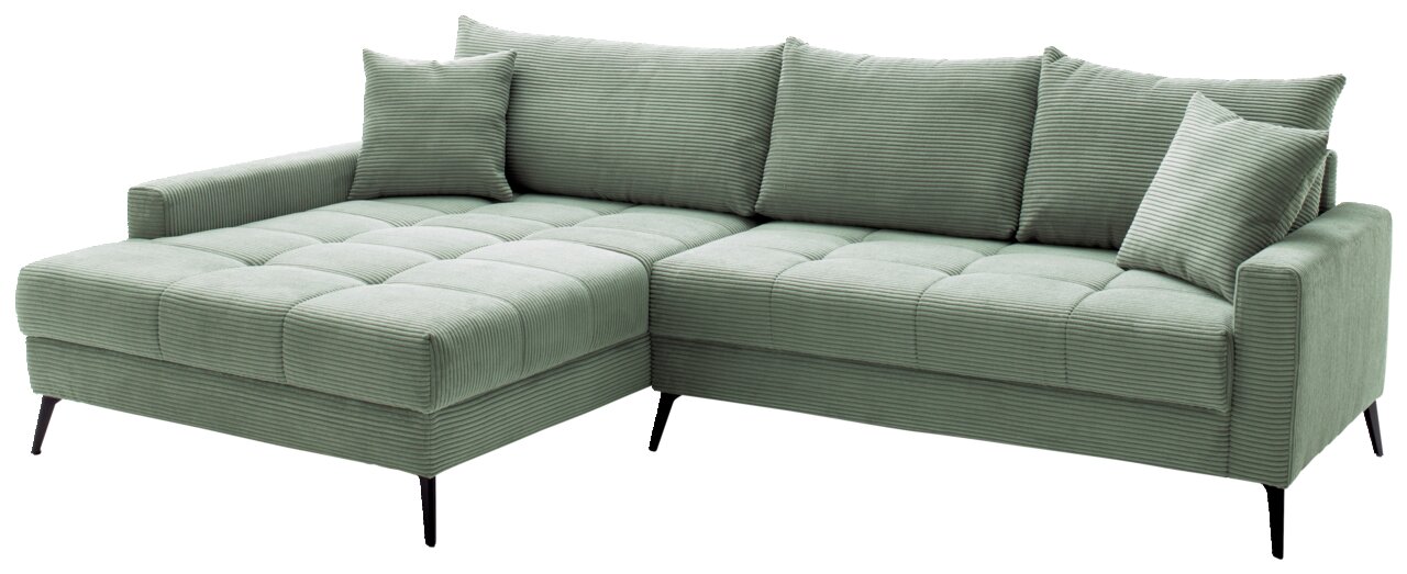 Grünes Ecksofa mit linker Armlehne, aus weichem Stoff, mit Kissen, Perspektive von vorne links
