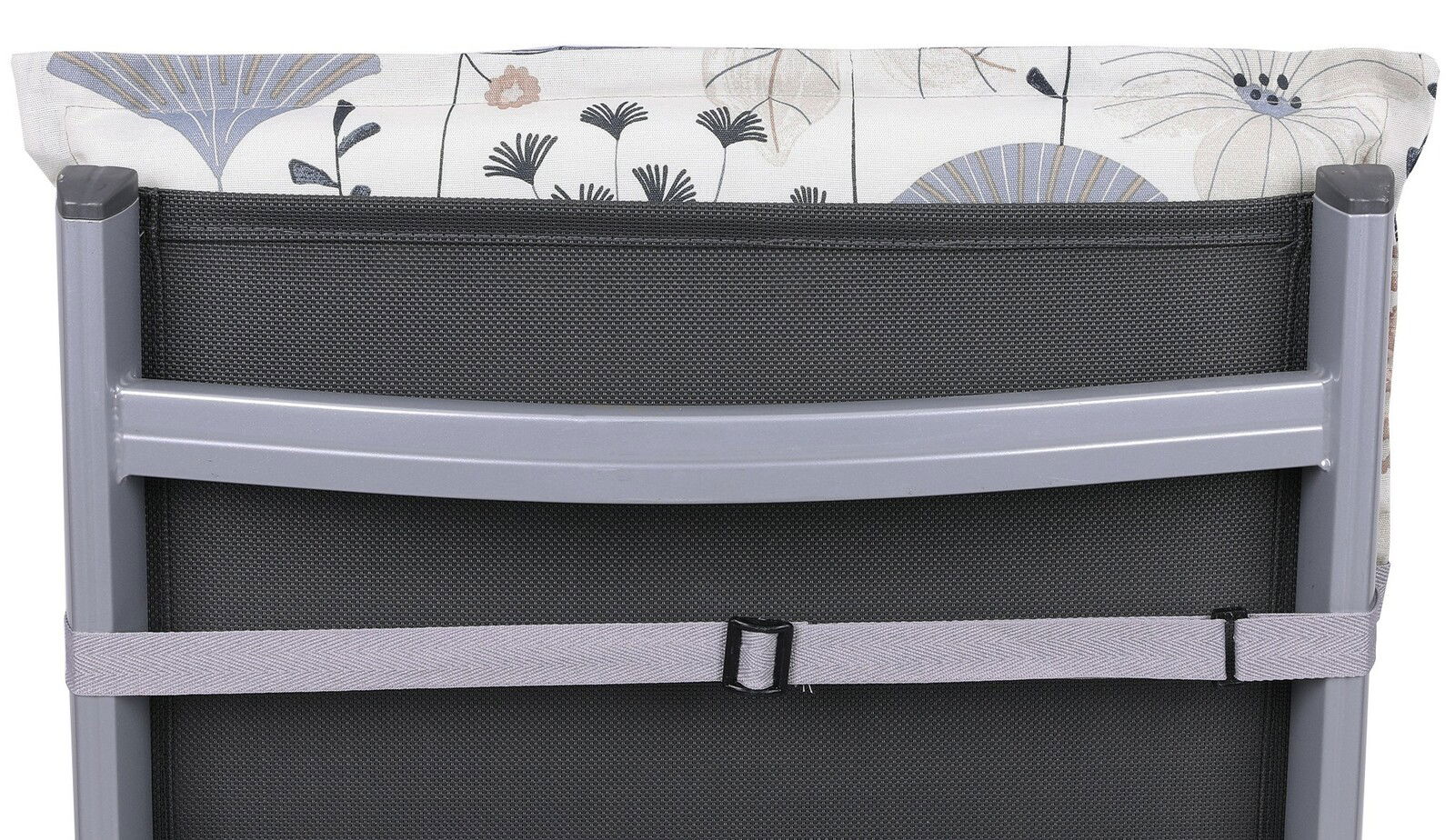 Rückansicht einer Niederlehnerauflage mit floralem Muster und grauem Rahmen.