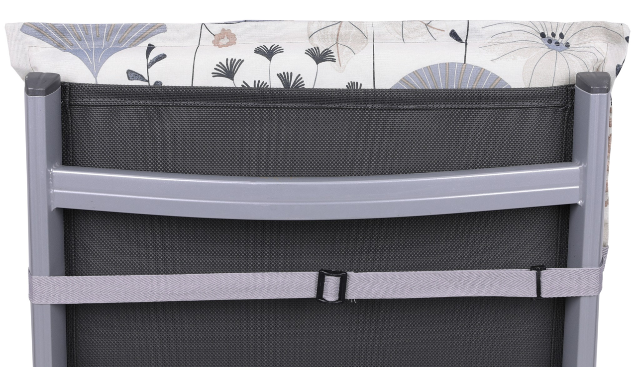 Rückansicht einer Niederlehnerauflage mit floralem Muster und grauem Rahmen.