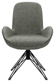 Moderner grauer Armlehnstuhl mit Stoffbezug und schwarzem Metallgestell, Frontalansicht