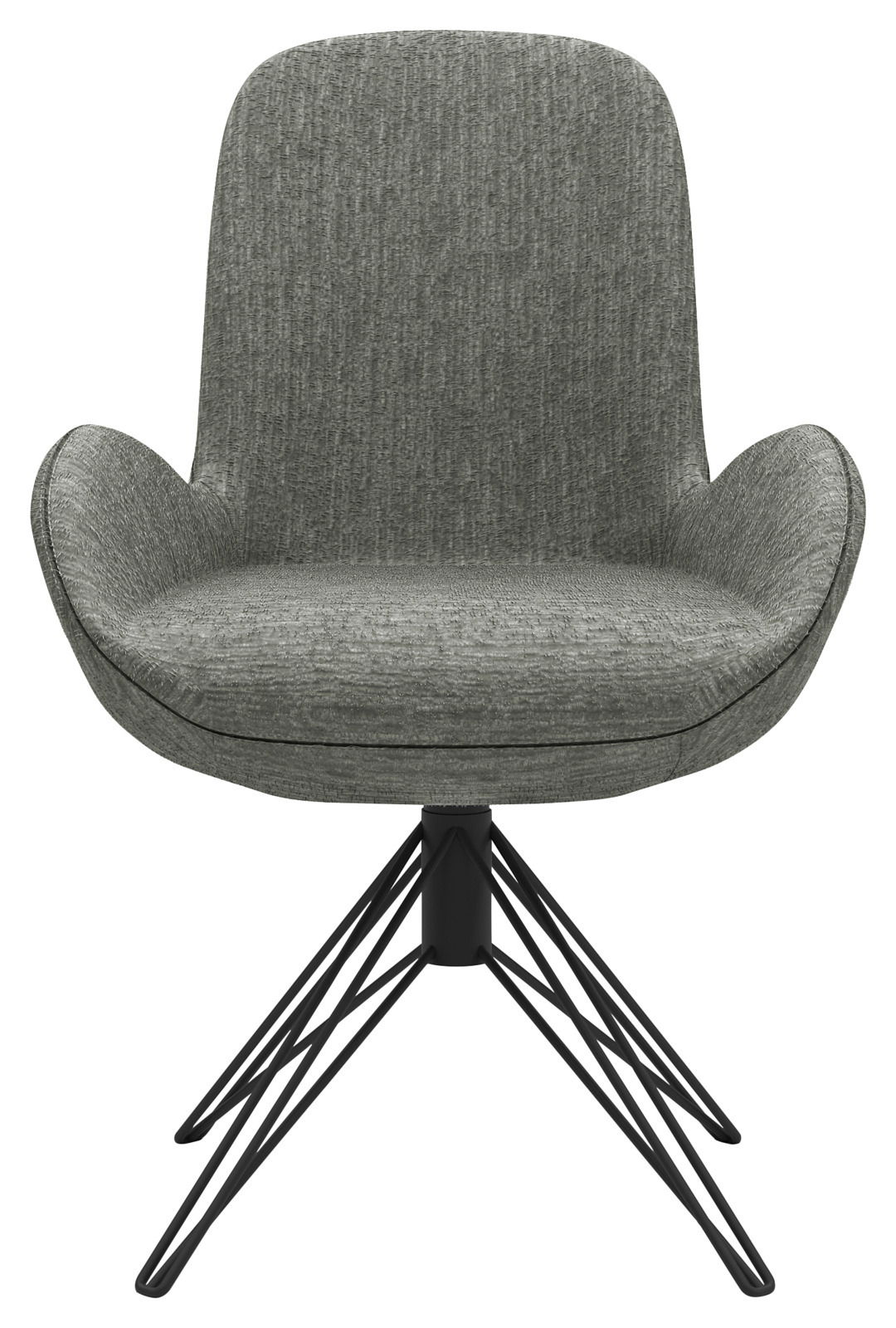 Moderner grauer Armlehnstuhl mit Stoffbezug und schwarzem Metallgestell, Frontalansicht