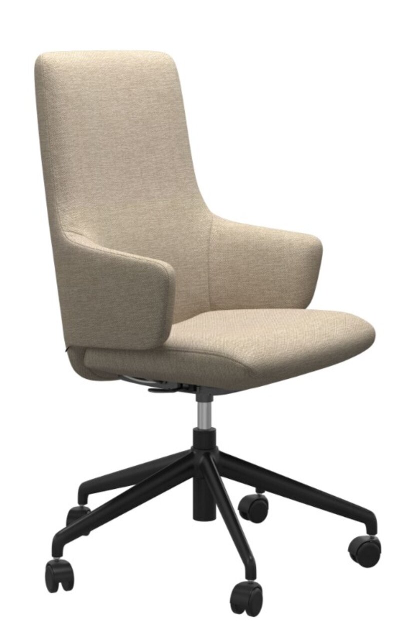 Stressless Thuiskantoorstoel OFFICE LAUREL (L) Beiger Home Office Sessel mit Armlehnen und schwarzem Drehfuß, seitliche Perspektive