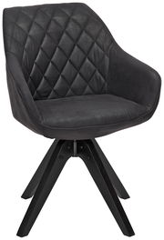 Moderner schwarzer Stuhl mit gesteppter Rückenlehne und vier stabilen Holzbeinen, seitliche Perspektive