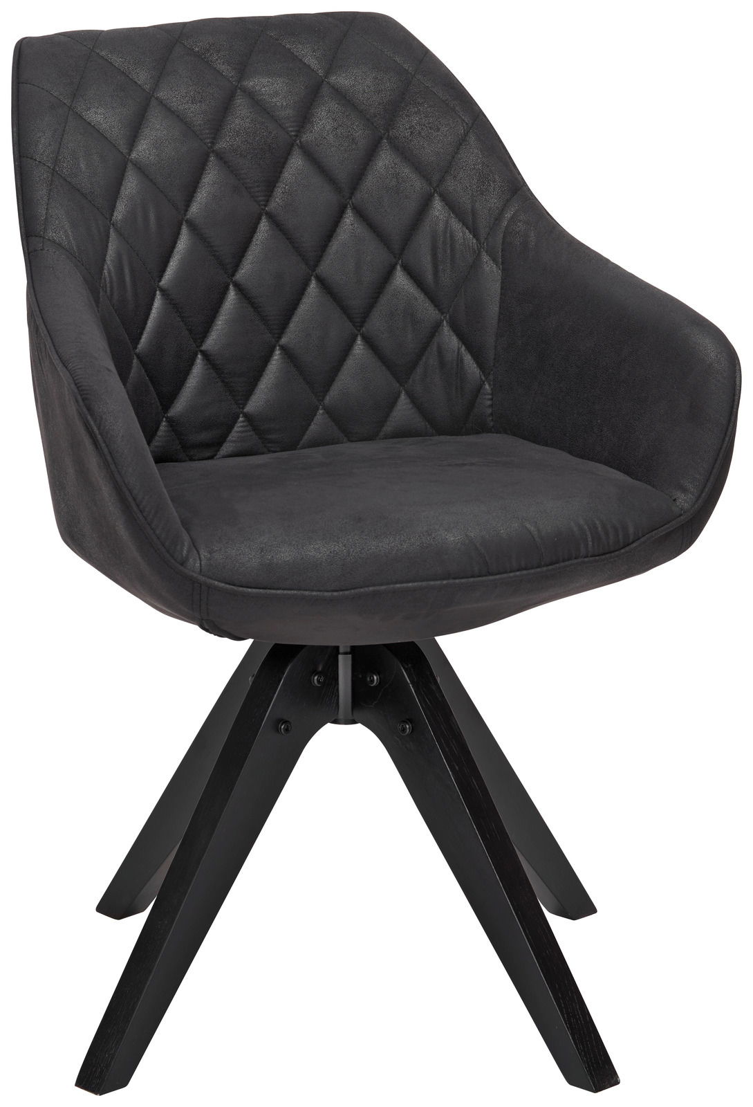 Moderner schwarzer Stuhl mit gesteppter Rückenlehne und vier stabilen Holzbeinen, seitliche Perspektive