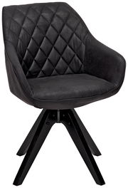 Moderner schwarzer Stuhl mit gesteppter Rückenlehne und vier stabilen Holzbeinen, seitliche Perspektive