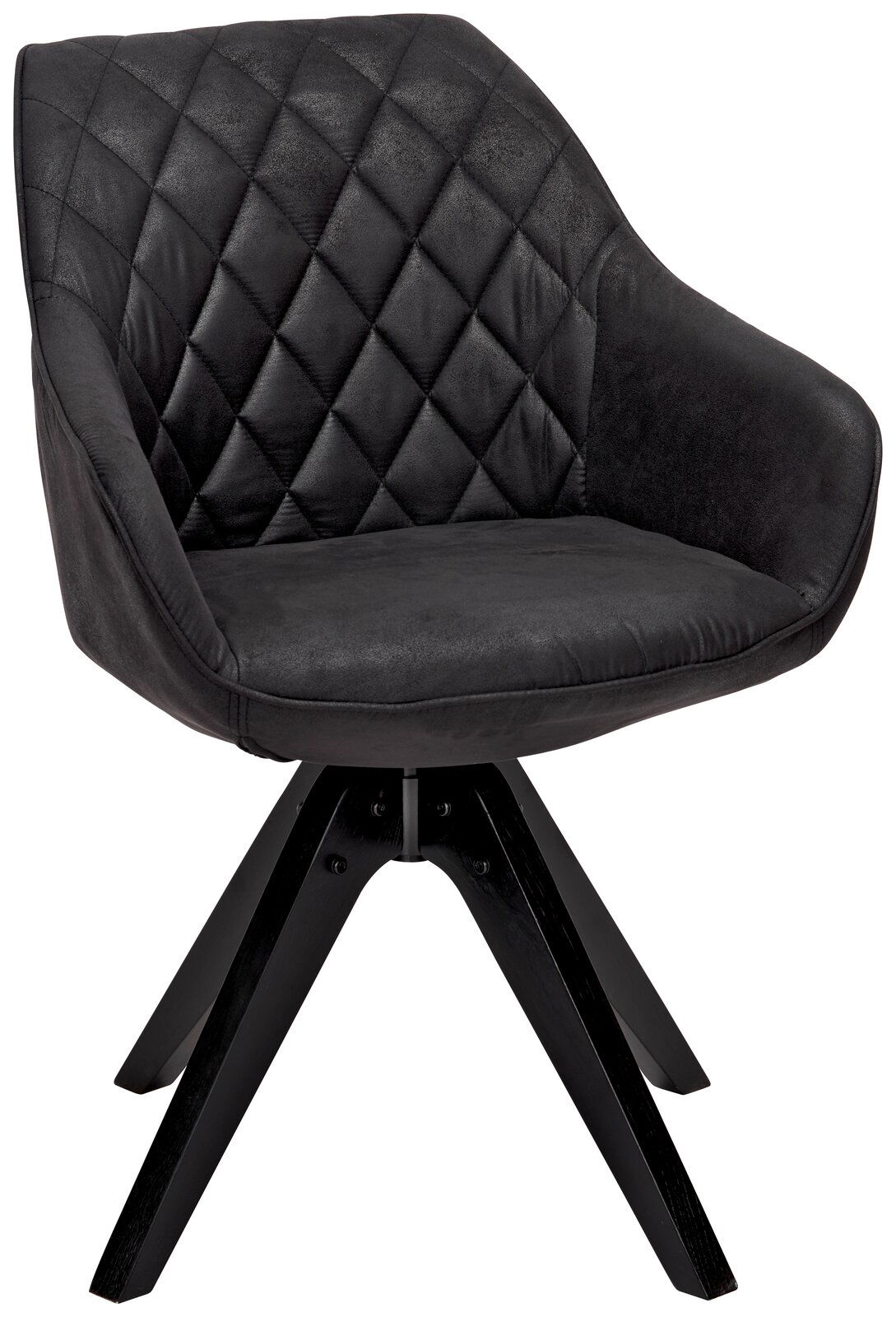 Moderner schwarzer Stuhl mit gesteppter Rückenlehne und vier stabilen Holzbeinen, seitliche Perspektive