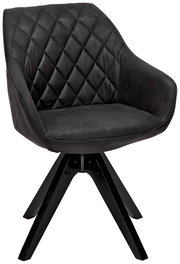 Moderner schwarzer Stuhl mit gesteppter Rückenlehne und vier stabilen Holzbeinen, seitliche Perspektive