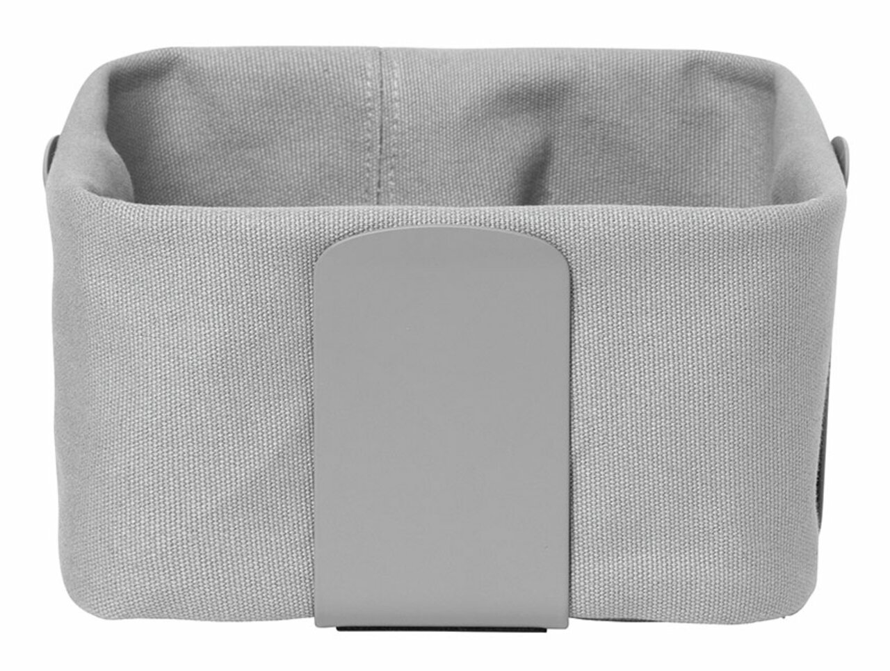Grauer Brotkorb aus Stoff in Vorderansicht, rechteckige Form mit glatter Oberfläche.