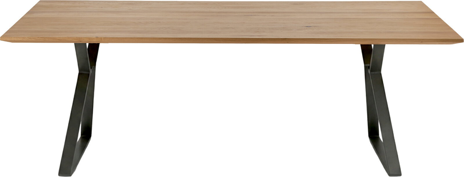 Rechteckiger Esstisch mit heller Holzplatte und schwarzen Metallbeinen, frontale Ansicht auf weißem Hintergrund