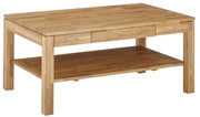 Holz-Couchtisch mit rechteckiger Tischplatte und zusätzlicher Ablagefläche, seitliche Perspektive