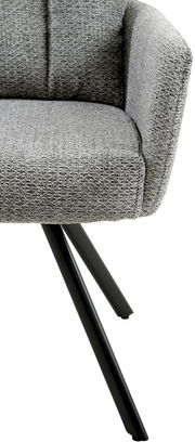 Grauer Armlehnstuhl mit schwarzem Metallgestell, seitliche Perspektive