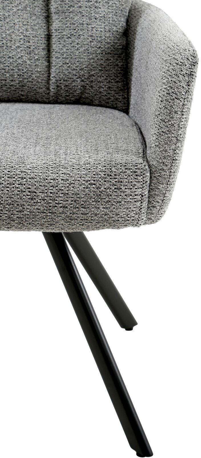 Grauer Armlehnstuhl mit schwarzem Metallgestell, seitliche Perspektive
