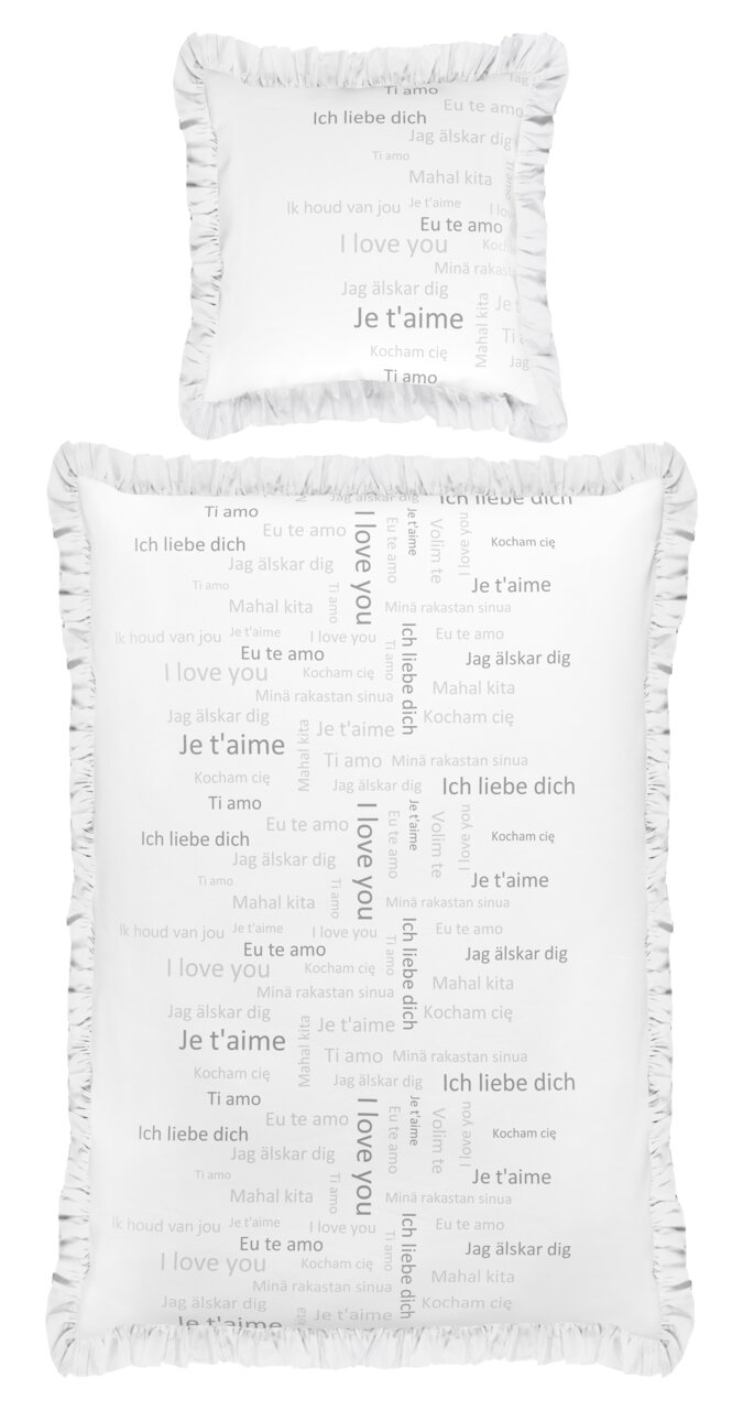 Bettwäsche-Set mit Kissen und Decke, bedruckt mit 'Ich liebe dich' in verschiedenen Sprachen, von oben betrachtet