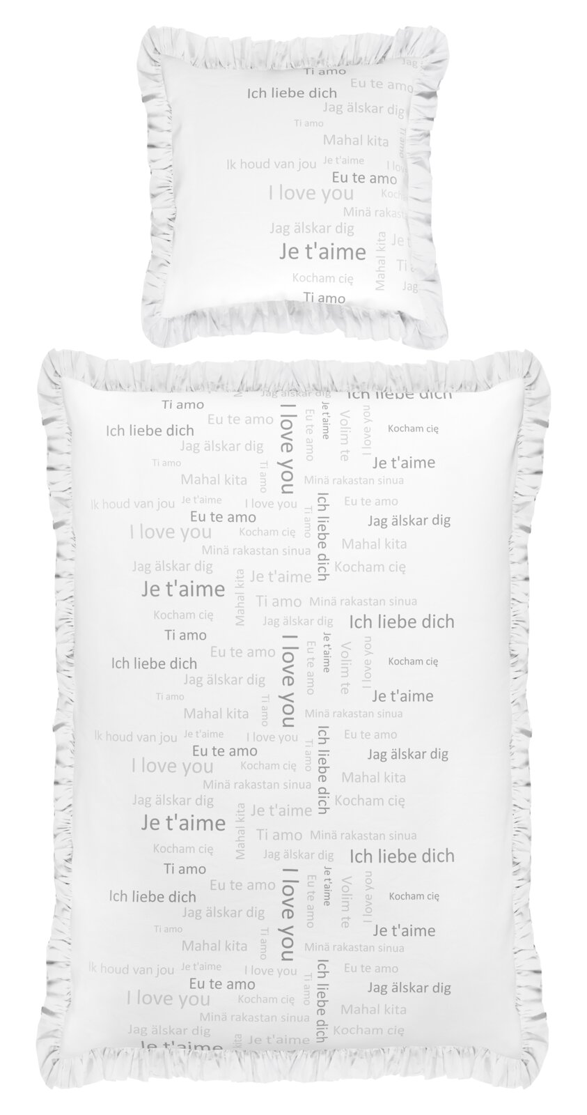 Beddengoedset met kussen en deken, bedrukt met 'Ik hou van je' in verschillende talen, gezien van bovenaf