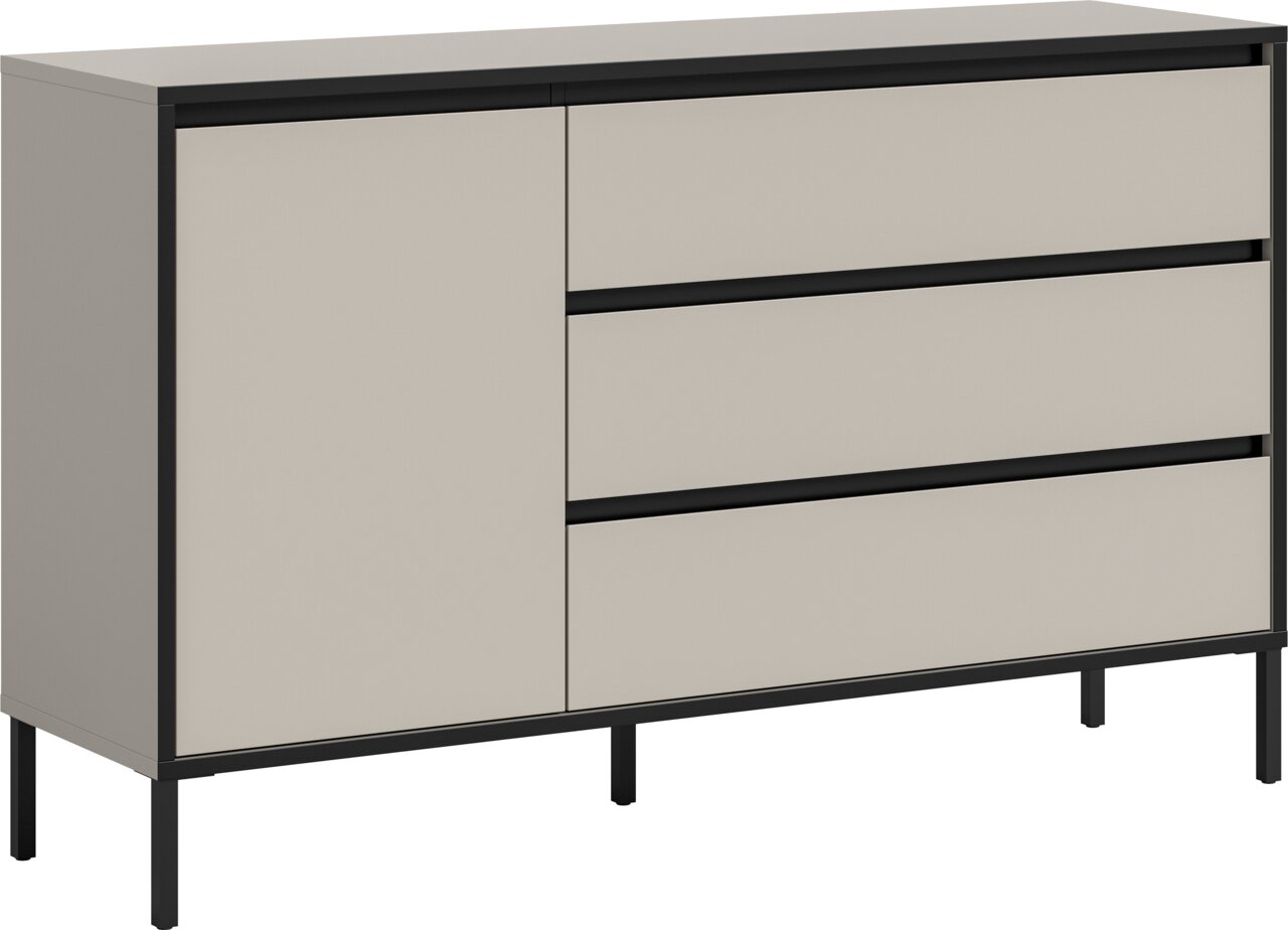 Modernes Sideboard mit drei Schubladen und einer Tür in einer schlichten, zweifarbigen Optik, seitliche Perspektive