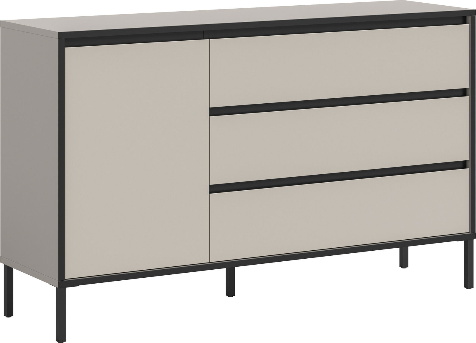 Modernes Sideboard mit drei Schubladen und einer Tür in einer schlichten, zweifarbigen Optik, seitliche Perspektive