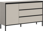 Modernes Sideboard mit drei Schubladen und einer Tür in einer schlichten, zweifarbigen Optik, seitliche Perspektive