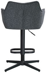 Rückansicht eines grauen Barhockers mit schwarzem Metallgestell und Fußstütze