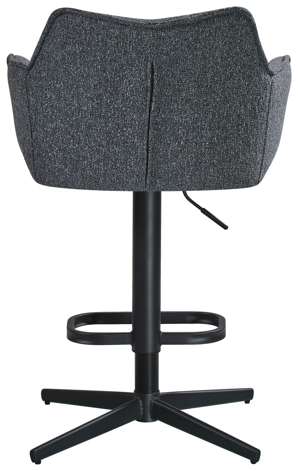 Rückansicht eines grauen Barhockers mit schwarzem Metallgestell und Fußstütze