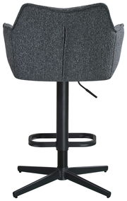 Rückansicht eines grauen Barhockers mit schwarzem Metallgestell und Fußstütze