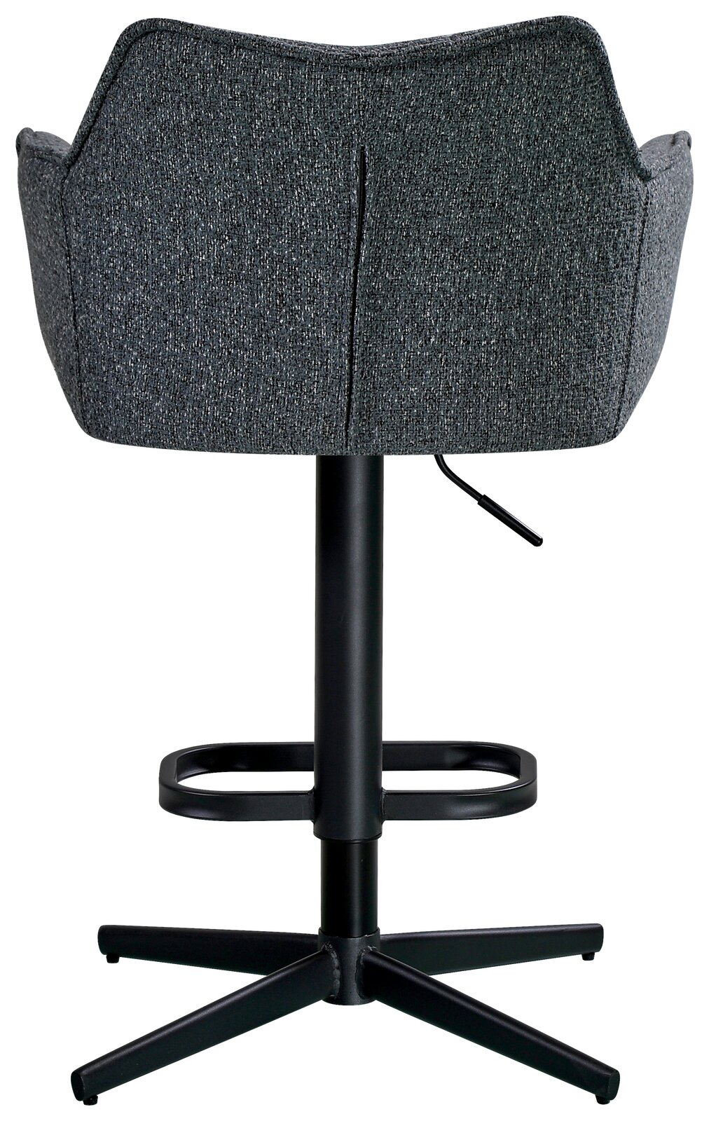 Rückansicht eines grauen Barhockers mit schwarzem Metallgestell und Fußstütze