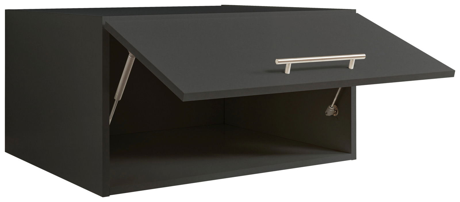 Schwarzer Aufsatzschrank mit geöffneter Klappe und silbernem Griff, seitliche Perspektive