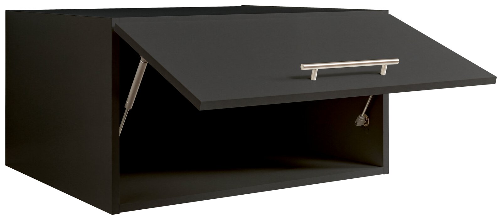 Schwarzer Aufsatzschrank mit geöffneter Klappe und silbernem Griff, seitliche Perspektive