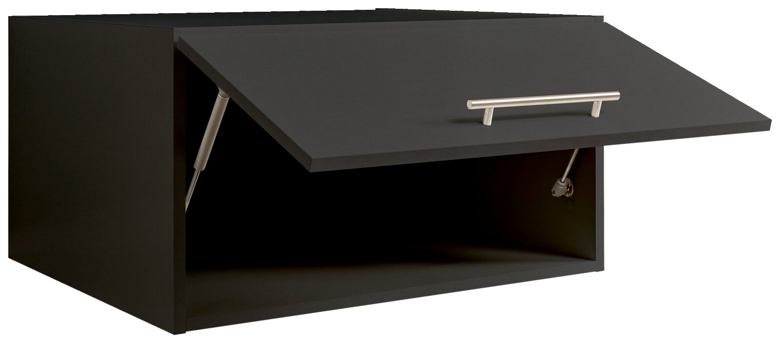 Schwarzer Aufsatzschrank mit geöffneter Klappe und silbernem Griff, seitliche Perspektive