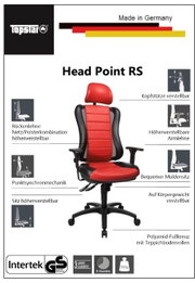 Gamingstoel in rood en zwart met verstelbare hoofdsteun, in hoogte verstelbare rugleuning en armleuningen, en een comfortabele kuipzitting. Zijaanzicht.