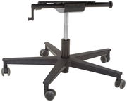 Unteransicht eines Drehstuhls mit fünf Rollen und einer Kurbel zur Höhenverstellung.