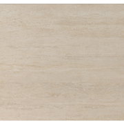 Nahaufnahme einer beigen Tischplatte mit natürlicher Steinoptik, von oben betrachtet.