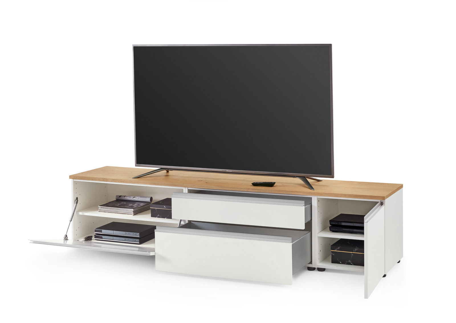 XL-TV-Lowboard mit Holzoberfläche und weißen Schubladen, frontal betrachtet, mit offenem Stauraum für Mediengeräte.