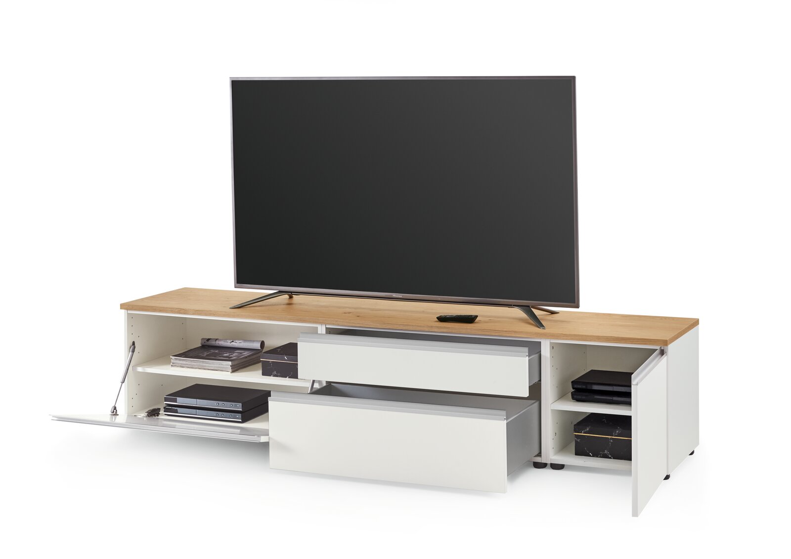 XL-TV-Lowboard mit Holzoberfläche und weißen Schubladen, frontal betrachtet, mit offenem Stauraum für Mediengeräte.