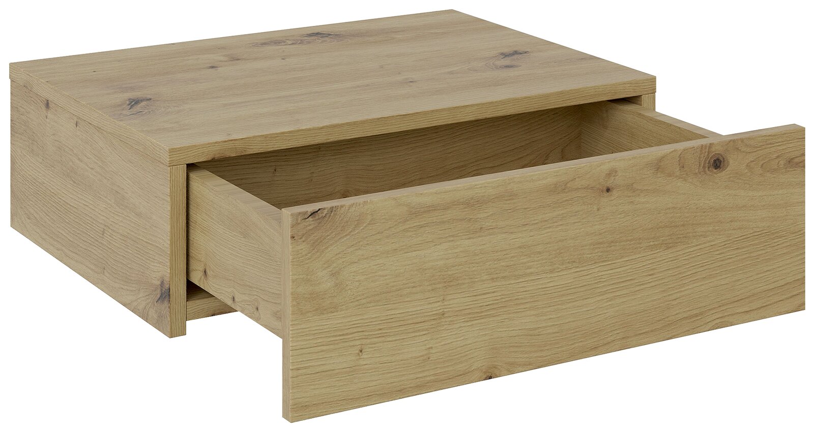 Hängekonsole aus Holz mit offener Schublade, Perspektive von vorne links