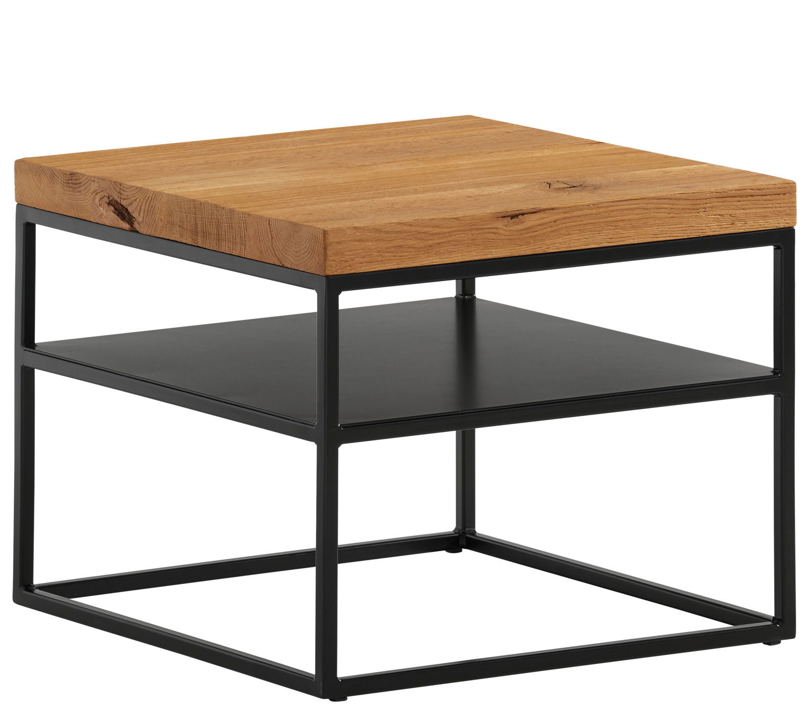 Moderner Beistelltisch mit Holzplatte und schwarzem Metallgestell, seitliche Perspektive