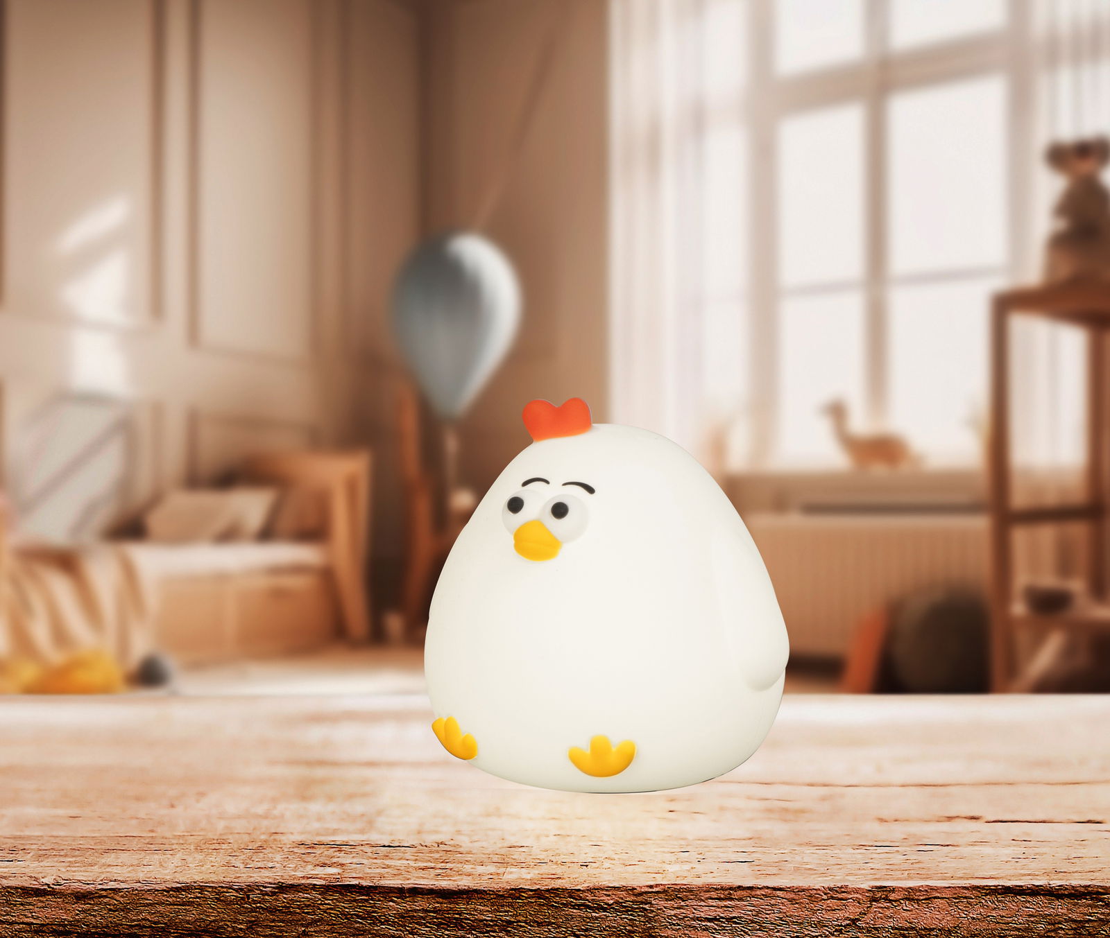 Niedliches Akku-Nachtlicht in Form eines Huhns, auf einem Tisch in einem gemütlichen Kinderzimmer platziert, seitliche Perspektive.